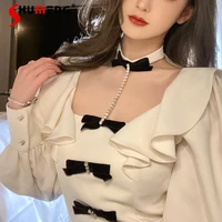 2022 spring sexy club square collar ruffles women shirt loose puff long sleeve pullover slim short tops female blouses