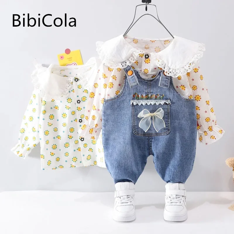 

Комплект одежды для маленьких девочек, хлопковая рубашка с длинными рукавами и цветочным рисунком + футболка-комбинезон комплект детской одежды из 2 предметов Повседневные детские комплекты одежды для девочек