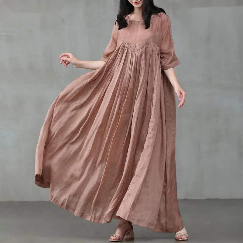 

Spring and Summer Window Wide Knitted Drawn Pleated Long Skirt Casual Temperament Women's Cotton Linen Pullover Crew-neck Dress