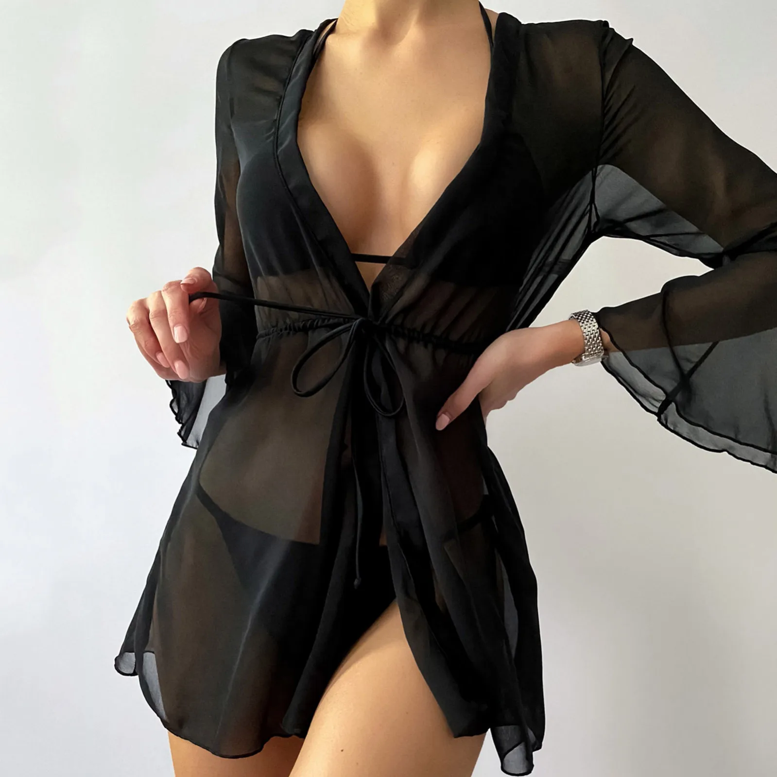 

Women Balck Sexy Sheer Mesh Swimsuit Cover Up Dress Summer Loose Solid Pareo Bikini Cover Up Mini Dress For Swimwear Beach Dress
