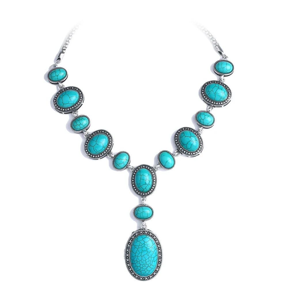 

Vintage Boho Turquoise Pendant Carved Necklace for Women Bohemia Water Drop Choker Charm Girl Trend Jewelry Collar Wholesale Hot