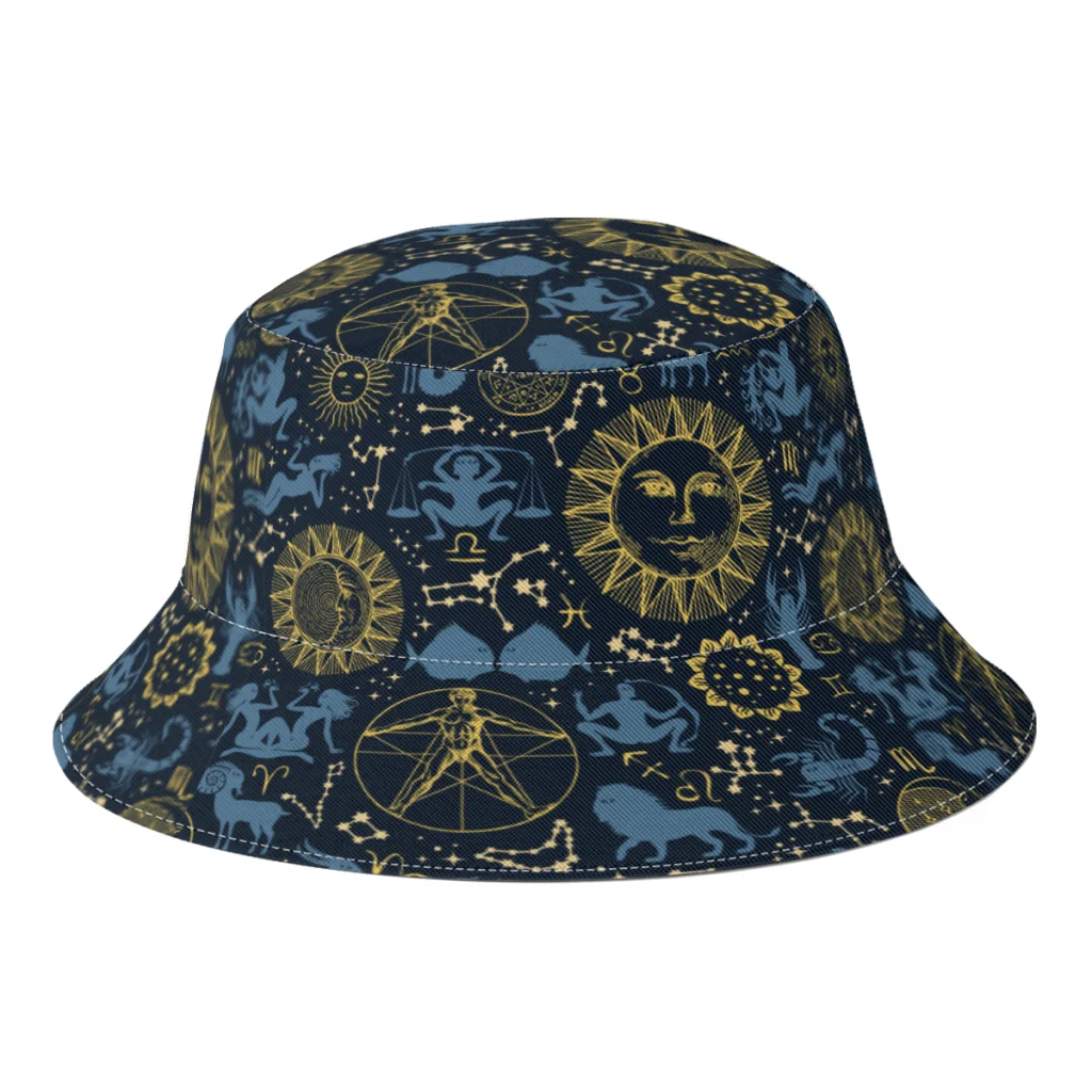 

Summer Unisex Bucket Hat Zodiac Horoscope Signs Men Fisherman Hat Sun Moon Stars Vitruvian Autumn Streetwear Panama for Bob