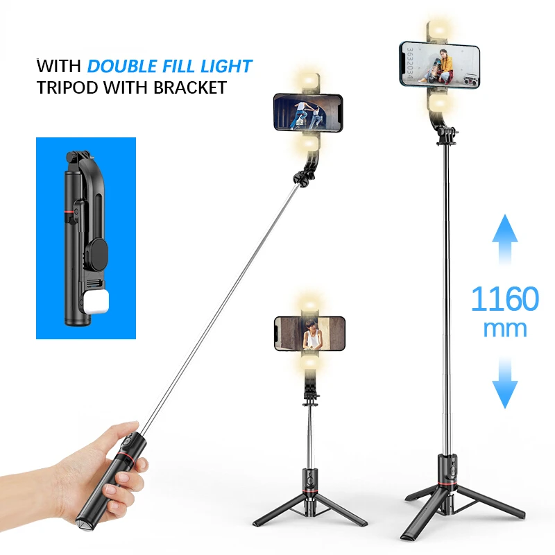 

New Fashion for Android IOS 2022 latest hot 1160mm Extended version bluetooth selfie stick fill light tripod with remote shutter
