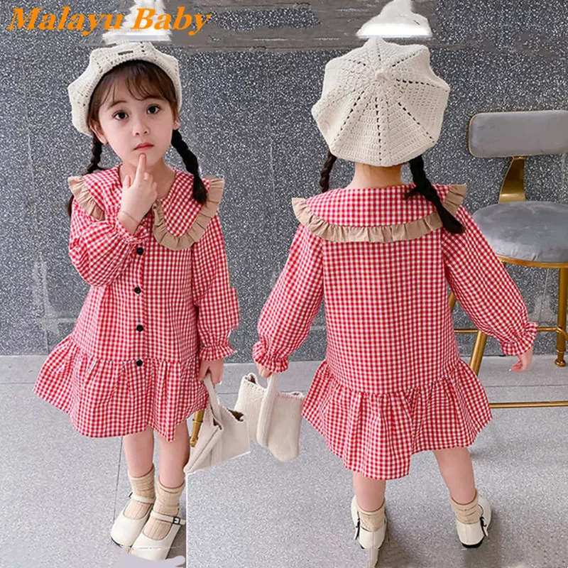 

MALAYU BABY Toddler Girl Dress 2022Spring New Cute Child Plaid Lapel Ruffle Long Sleeve Petticoat Casual Kids Clothing 1-6 Years