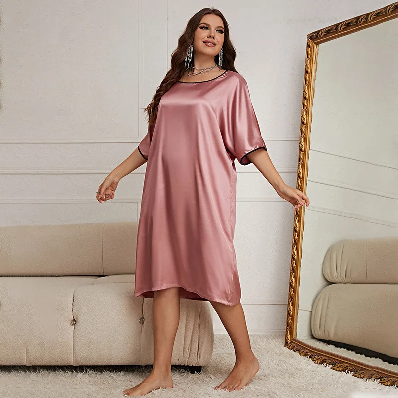 Plus Size Pajamas Summer Thin Section Breathable Women's Round Neck Dress Sexy Nightdress Ladies Ice Silk Home Service