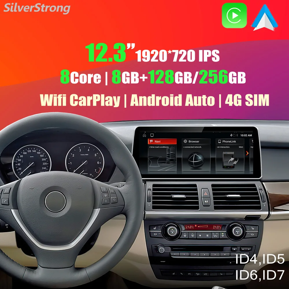 12.3'' IPS 720P,Car Radio GPS with CarPlay,8GB+256GB Android Auto For BMW X5 E70 X6 E71 2007-2013