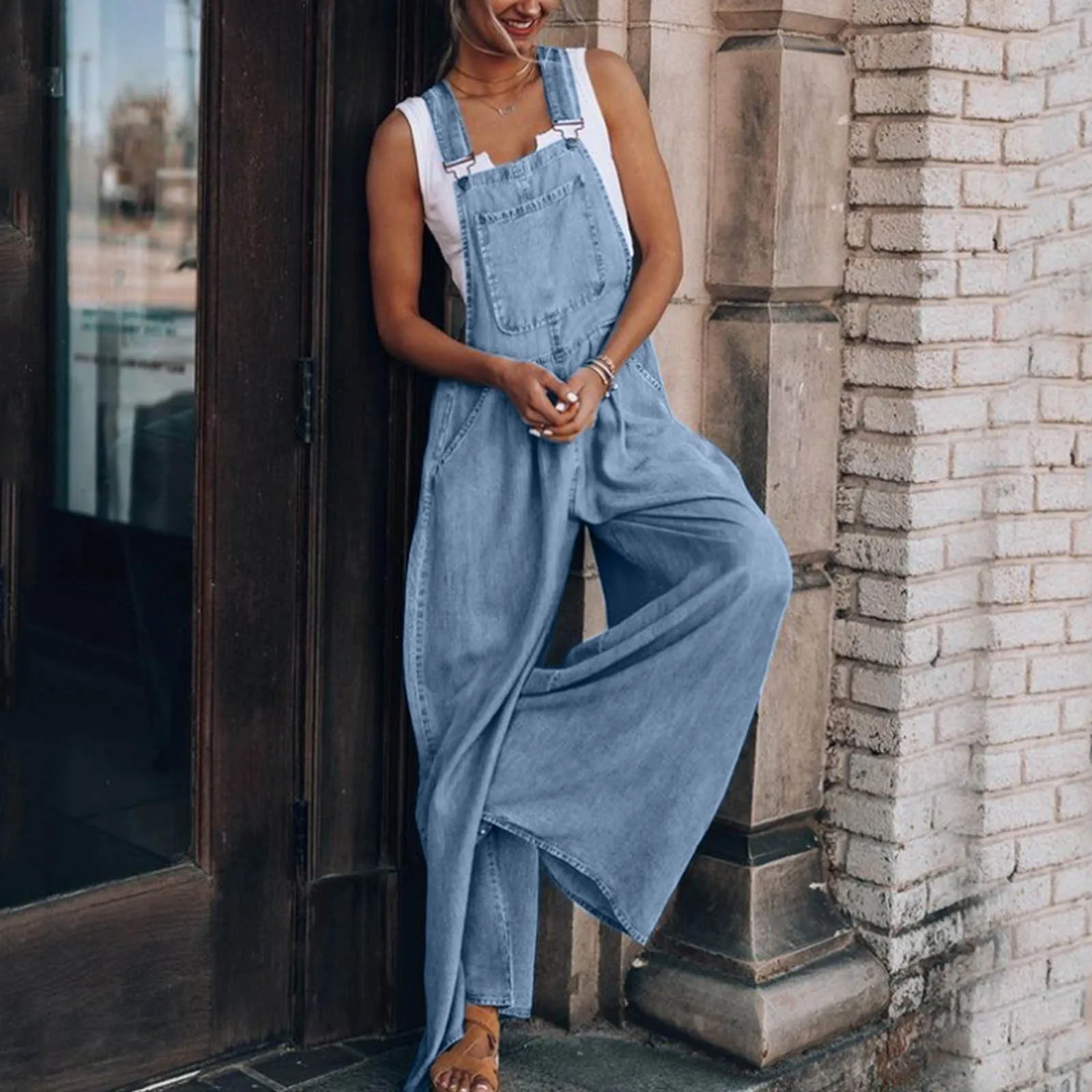 

Summer Women's Blue Denim Overalls Women's Loose Wide-leg Jumpsuits Vintage Fashion New Bib With Big Pocket High-waist Rompers