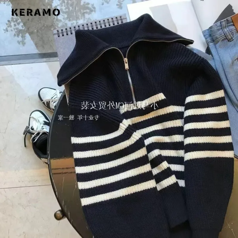 Женский трикотажный пуловер на молнии повседневный свободный свитер в полоску с