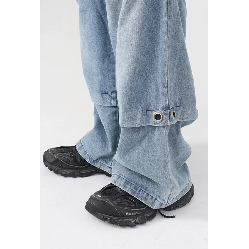 Men Clothing New Sense of Design Pattern Recreational Vintage Blue Jeans  Loose Street Straight Cylinder Trousers Autumn Female