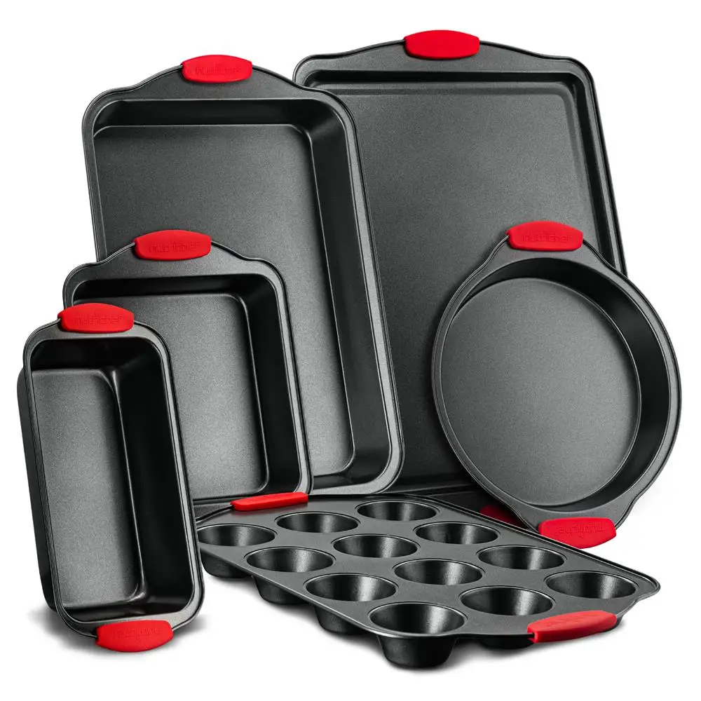 

6-Piece Steel Nonstick Bakeware Set - Carbon Steel Baking Tray Set w/ Heatsafe Red Silicone Handles, Oven Safe Up to 450°F, Loa