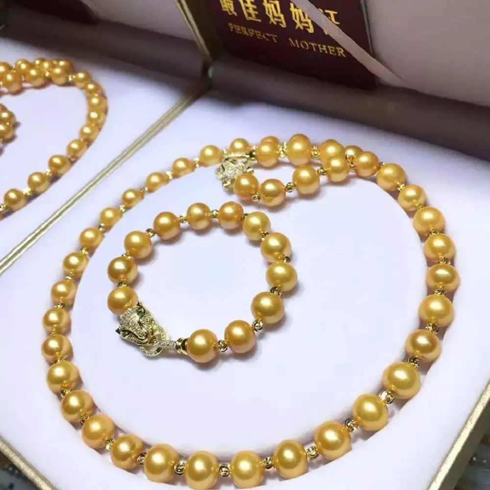 Натуральное Золото 20 дюймов AAA 9-10 мм Ожерелье из жемчуга ЮЖНОГО МОРЯ + 7 5-8 Комплект