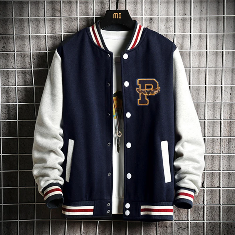 

New Arrival Appliques Letter Rib Sleeve Cotton Logo Single Breasted Casual Bomber Baseball Jacket Loose Cardigan Coat