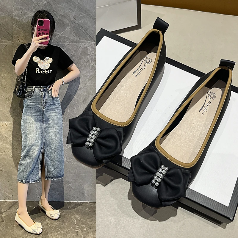 

Mary Jane Small Fragrant Leather Single Shoes for Women In 2023 Summer New Shallow Bow Color-blocking Comfortable Women's Shoes