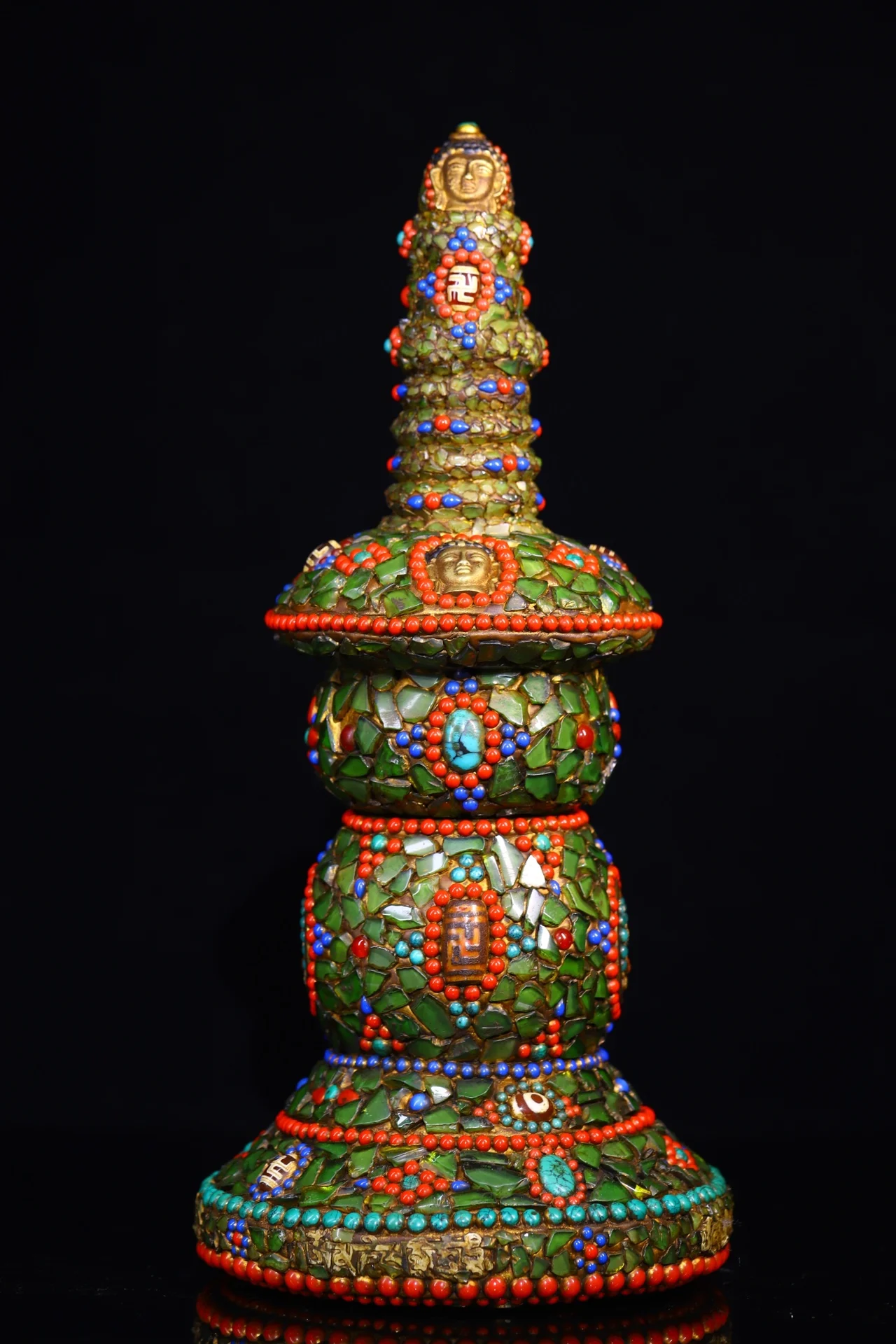

13"Tibetan Temple Collection Old Natural Crystal Mosaic Gem gZi Beads Shell Shakyamuni Pagoda Stupa Worship Hall Town house