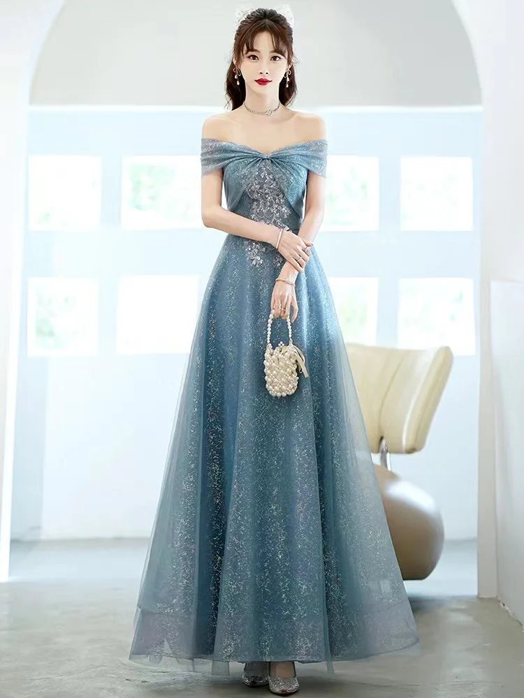 

Sequins Luxurious Blue Celebrity Dress Elegant Off The Shoulder A-Line Floor-Length Shiny Tulle Graduation Prom Gown For Wedding