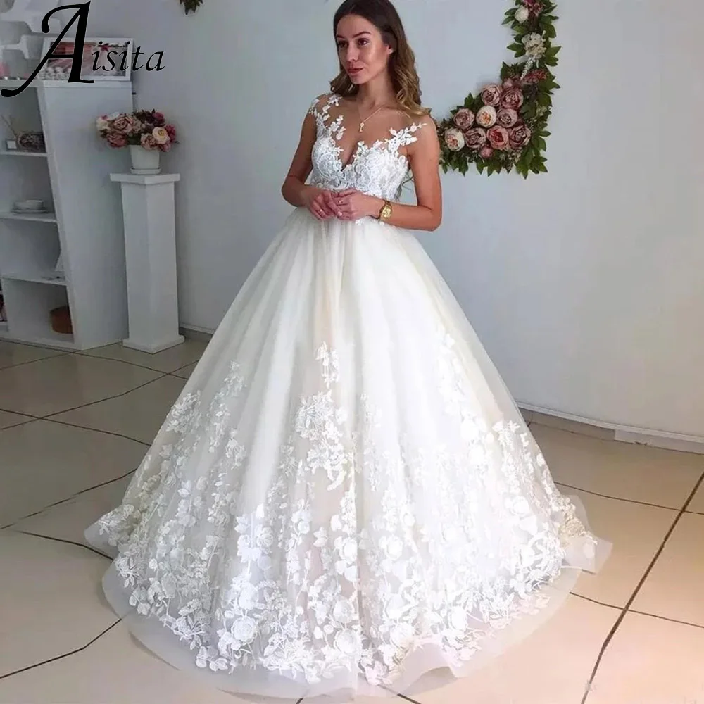 

Classical Sweetheart Lace Applique Wedding Dress Cap Sleeves A Line Bridal Gown Backless Sweep Train Graceful Vestidos De Novia