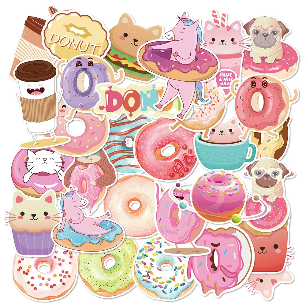 

WT031 30Pcs Sweet Cartoon Donuts Food Birthday Party PVC Waterproof Notebook Luggage Suitcase Stickers Kids Toys Decal Labels