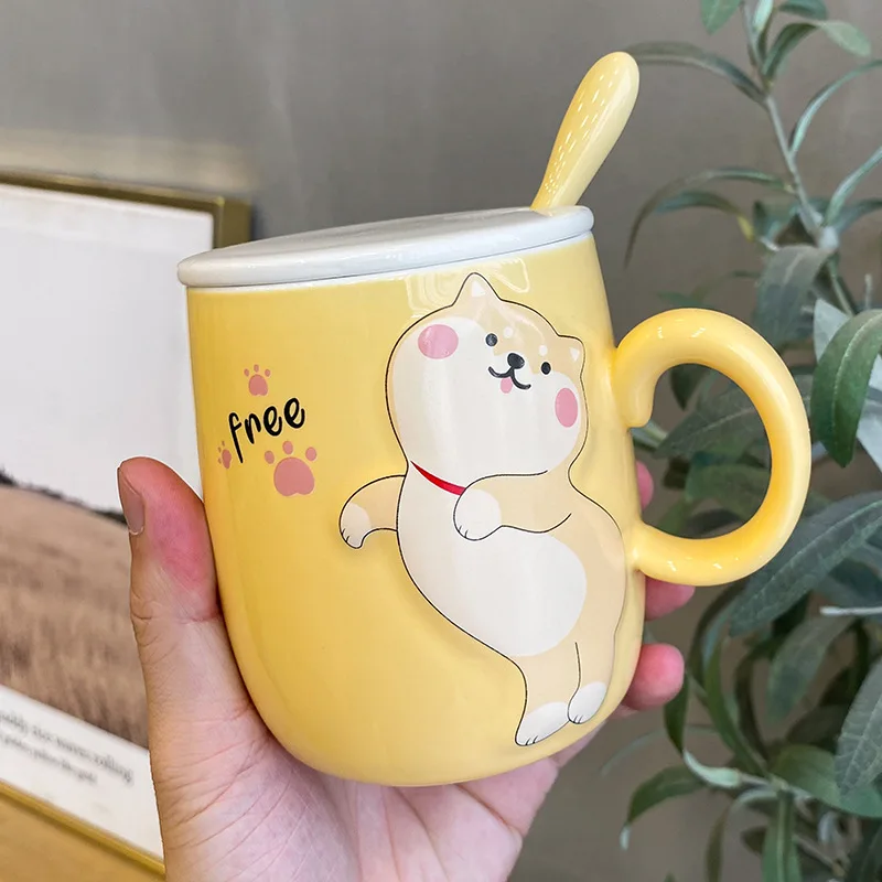 Cute cartoon Shiba Inu puppy ceramic cup with lid and spoon creative mug small fresh water cup for boys and girls