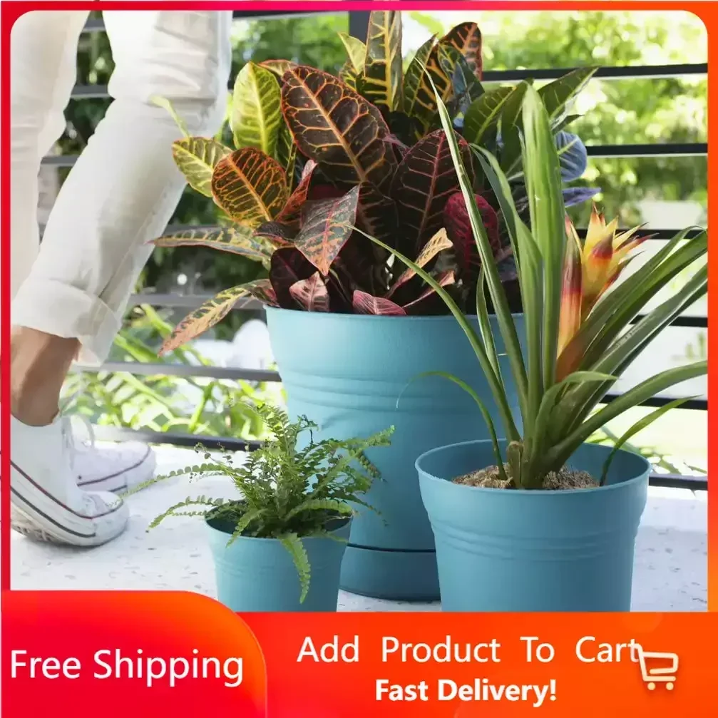 

12-in Saturn Round Resin Planter with Saucer - Bermuda Teal g
