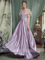 lilac elegant cocktail evening dresses long robe soir%c3%a9e femme appliques a line satin women formal prom gowns vestidos de noche