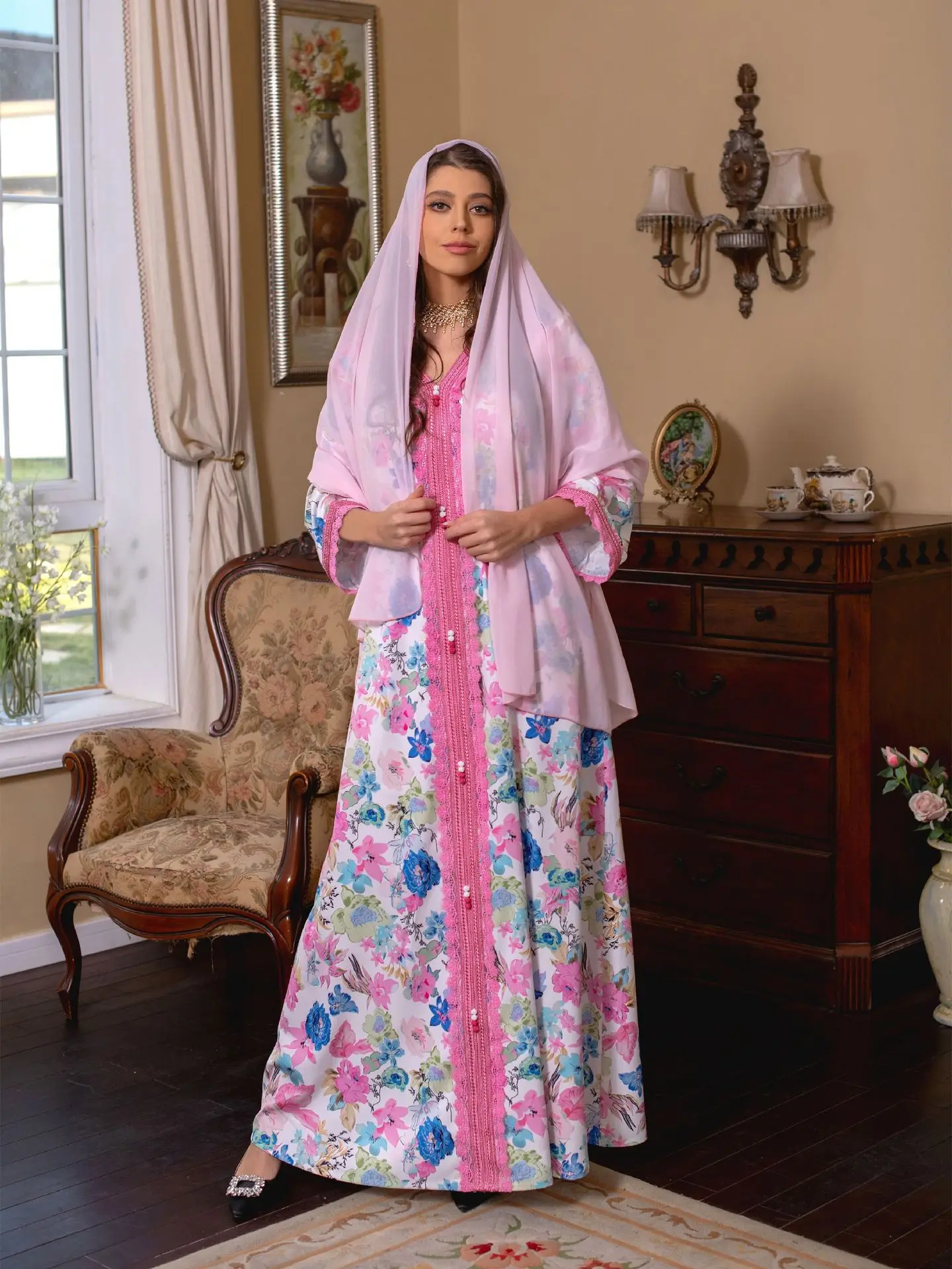 Eid Pink Embroidered Satin Dresses Muslim Long Sleeve Maxi Abaya Dubai Turkey Fashion Floral Print Jalabiya with Hijab