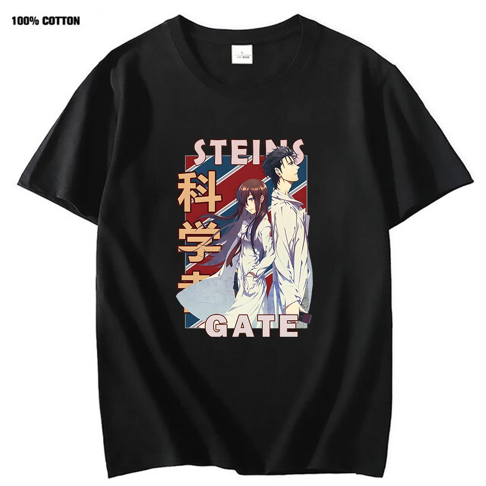 

Rintarou Okabe and Kurisu Makise T-shirt Steins Gate Shirt Funny Cartoon Anime Women Tshirt Fashion 100%Cotton Tee Men Clothing
