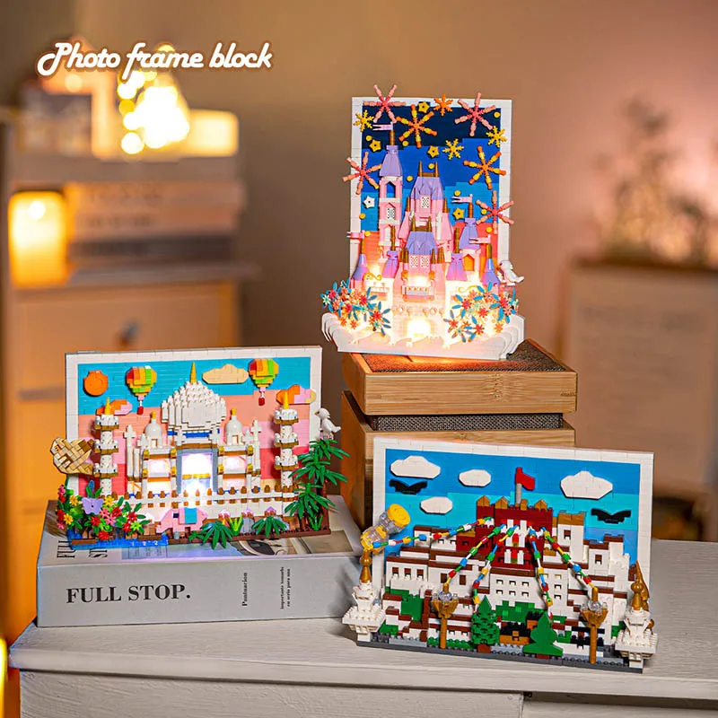 Creative Pink Castle Photo Frame Mini Size Building Blocks Classic Architecture Taj Mahal Potala Palace Diamond Bricks Toys Gift