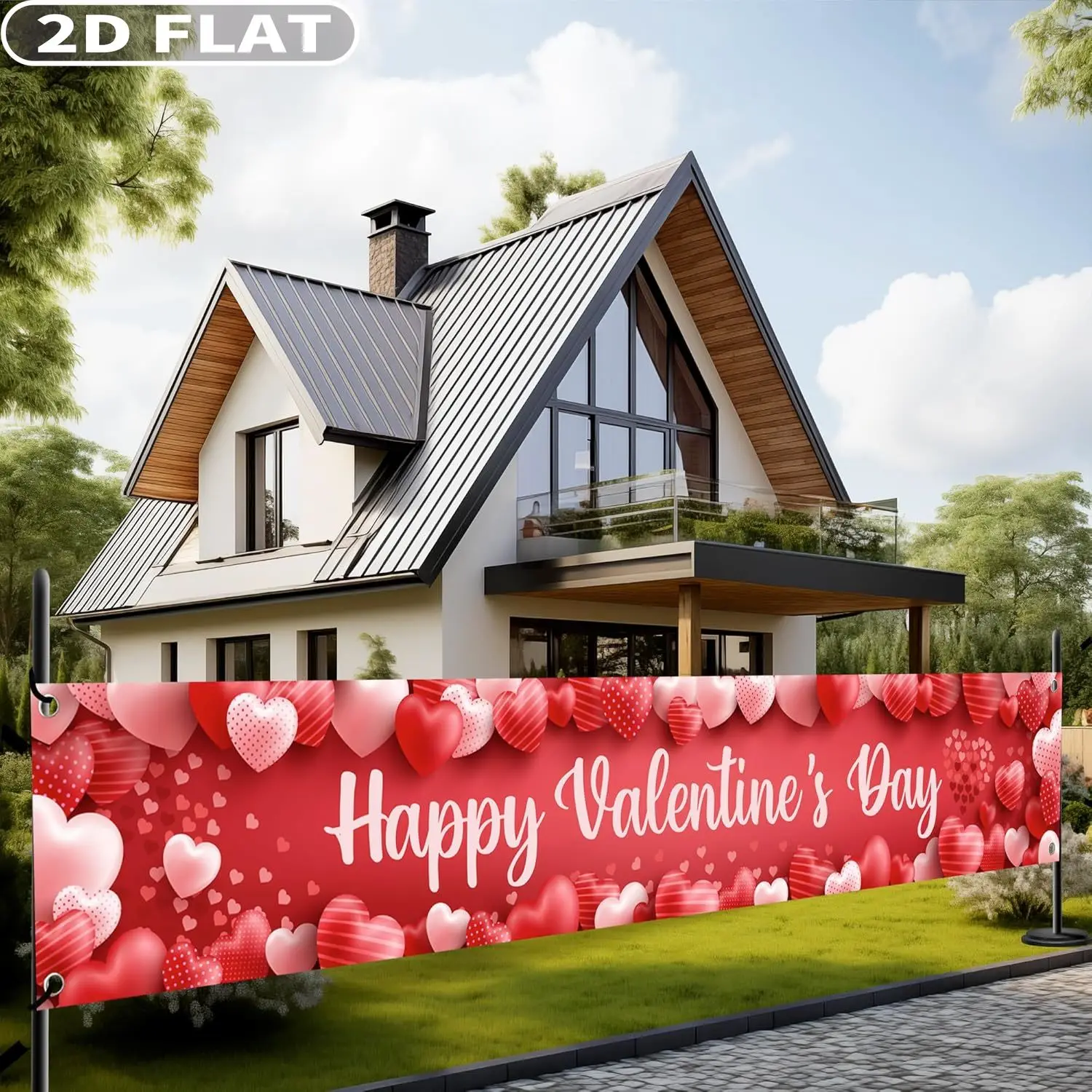 Фото 2D FLAT 1 шт. баннер для вечеринки в честь Дня святого Валентина - 120x20 дюймов |   Красный и розовый баннер на день Святого Валентина в форме сердца для наружного декора №3