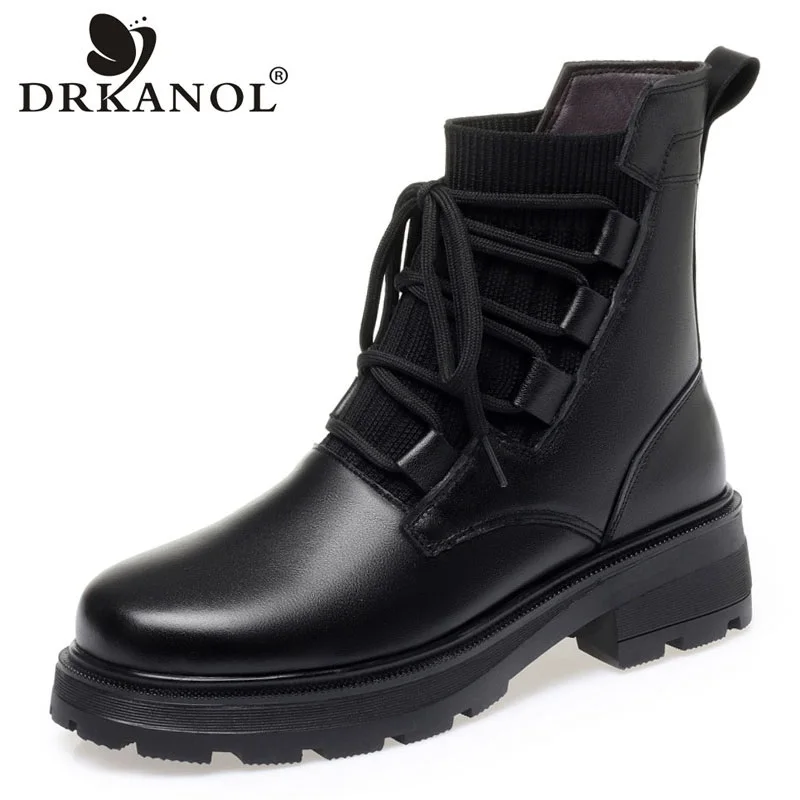 

DRKANOL Big Size 43 Women Boots Autumn Winter Warm Wool Thick Heel Ankle Boots Women Genuine Leather Slip-on Elastic Sock Boots