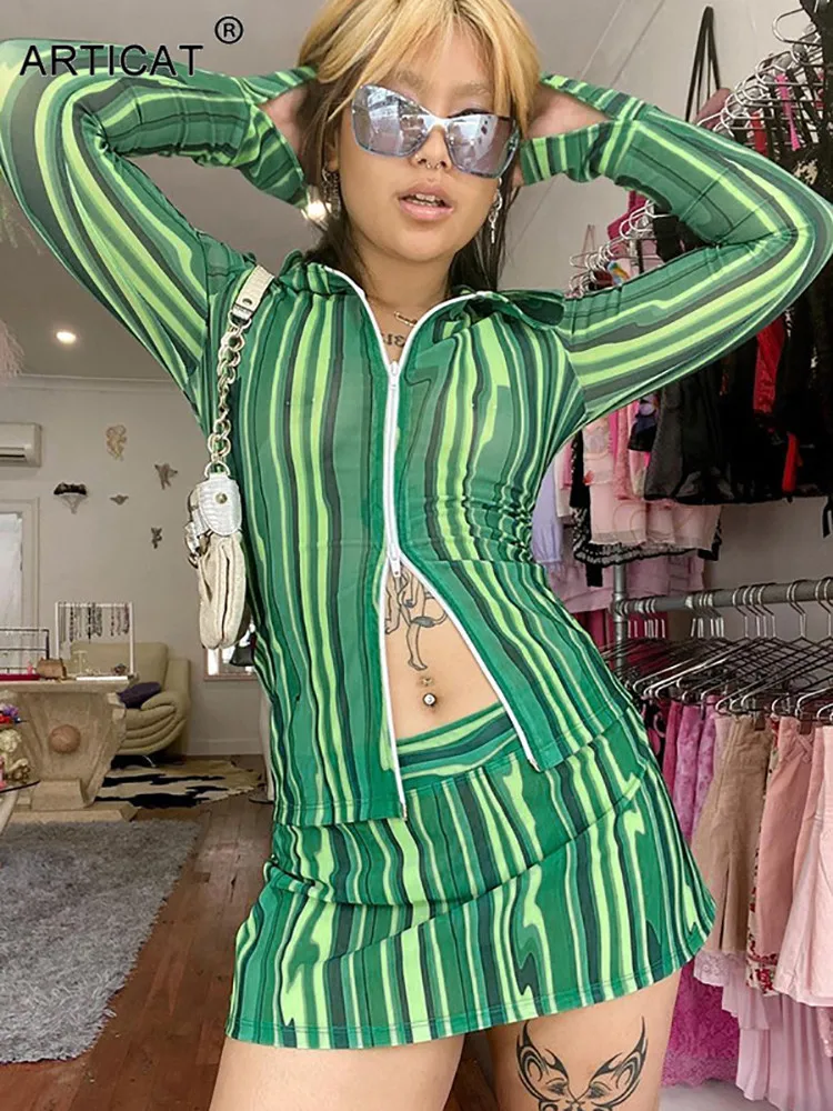 

Articat Print Long Sleeve Zipper Two Piece Sets Women Outfits Green Turn-down Collar Shirt Mini Skirt Femme Autumn New Skirt Set
