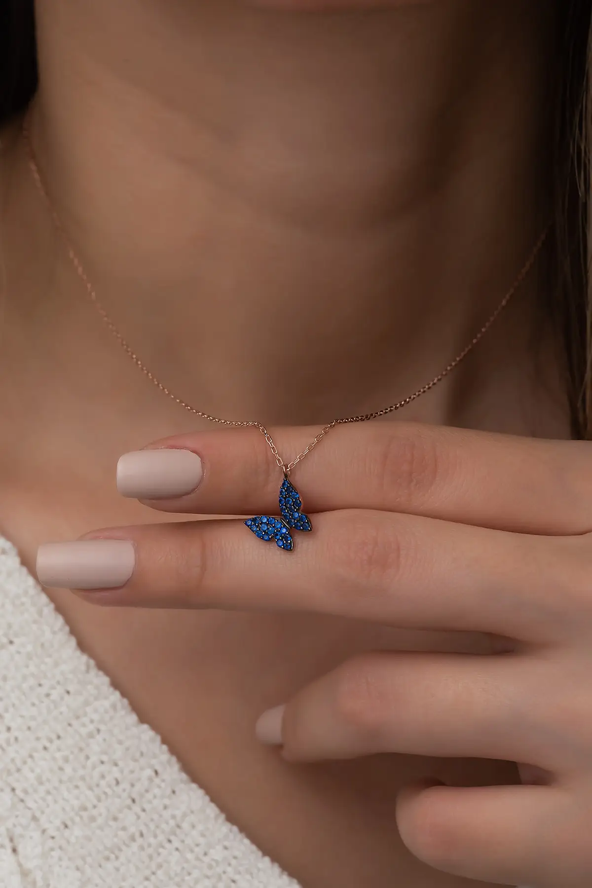 

Ожерелье из стерлингового серебра 925 пробы с маленькой синей бабочкой, женское серебряное циркониевое ожерелье, классическое ярко-розовое ...