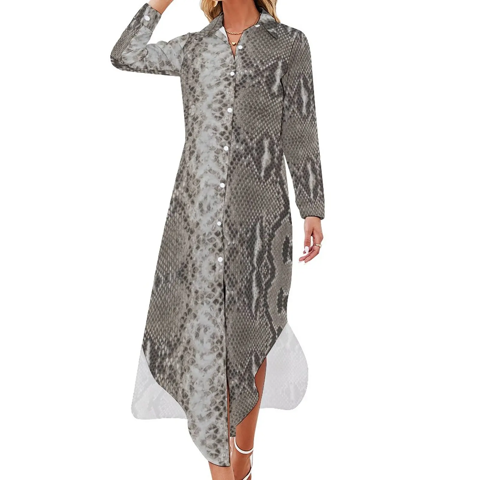 

Snakeskin Python Casual Dress Animal Skin Print Aesthetic Dresses Sexy V Neck Cute Chiffon Dress Long Sleeve Vestido Big Size