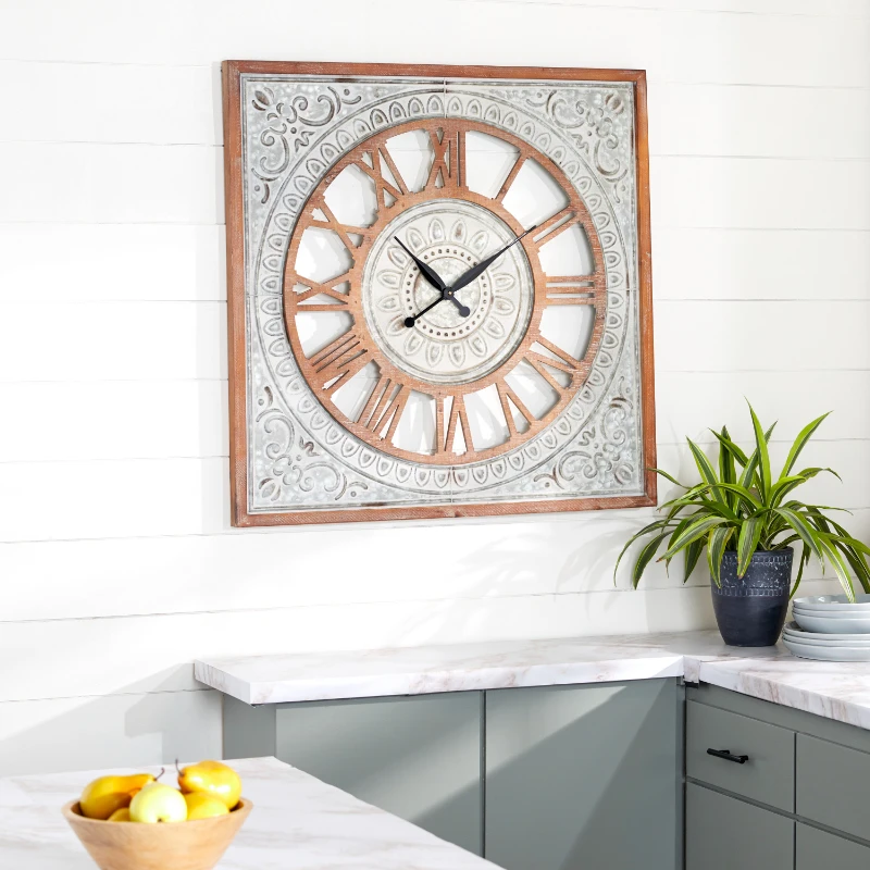 

36" Brown Metal Scroll Wall Clock with Embossed Metal