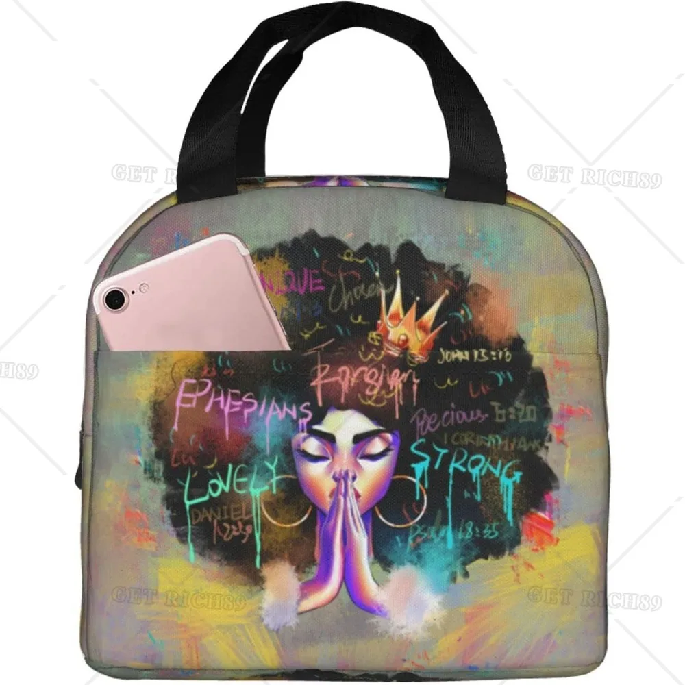 

African American Black Girl Lunch Bags for Women Reusable Portable Insulated Cooler Lunch Box for Work/Picnic/Boating/Beach