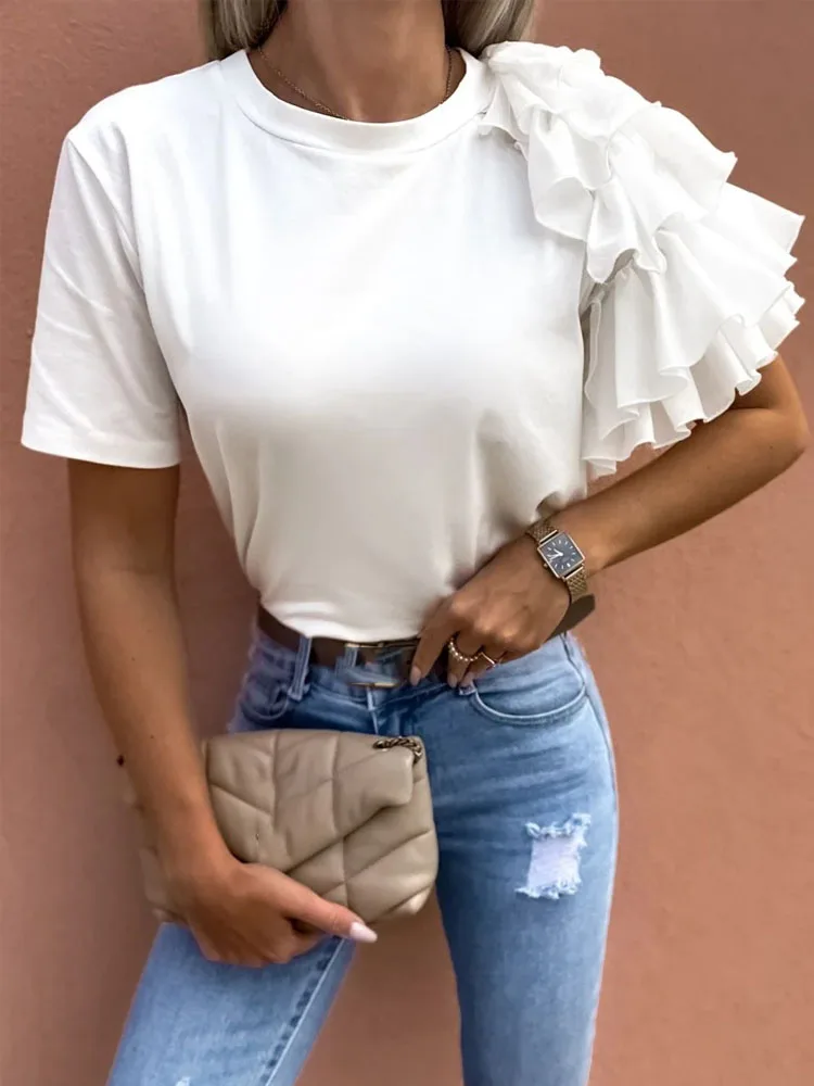 

Летние Новые многослойные дизайнерские топы, пуловер, летний Повседневный Топ с коротким рукавом и круглым вырезом, модная однотонная прос...