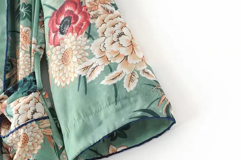Bohemian Green Floral Print Women Kimono Robe Shirt Lacing up Sashes Above Knee Cardigan Loose Bikini Cover Blouse Tops Beach