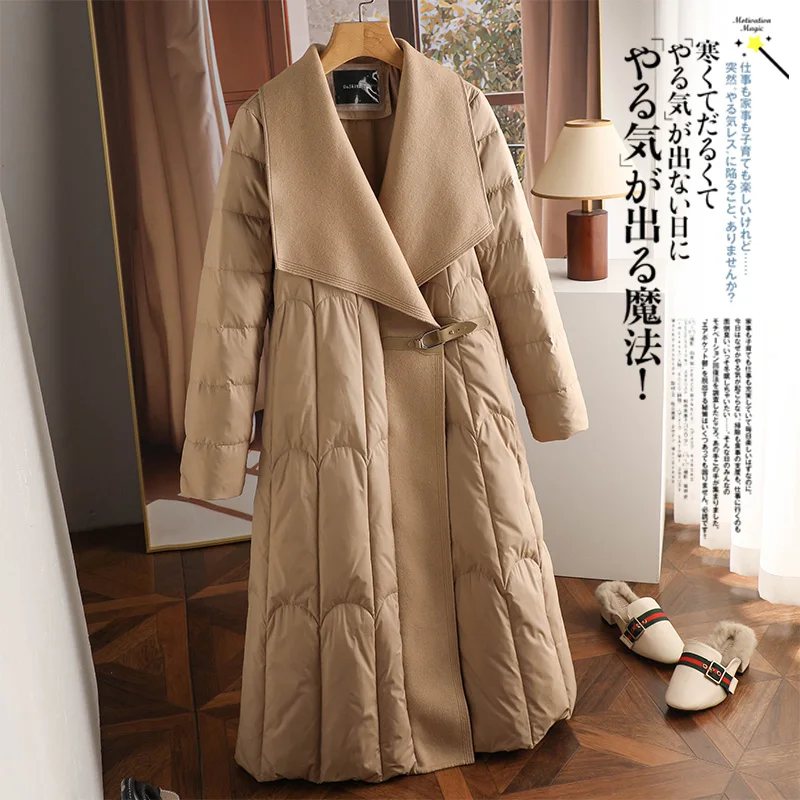 Long Duck Jacket Women 90%  White Duck Down Patchwork Wool Casaco Feminino  Single Button Thin Coat Women  High Street