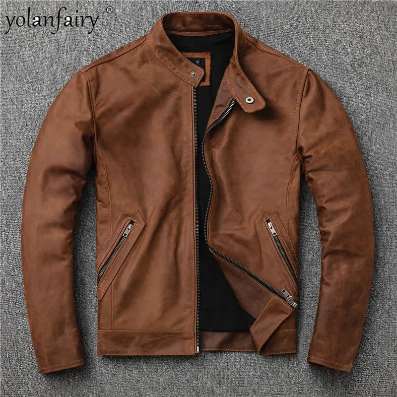 

5XL Genuine Leather Jacket Men Vintage Natural Cowhide Motorcycle Jacket Mens Leather Jackets and Coats Large Size Veste Homme F