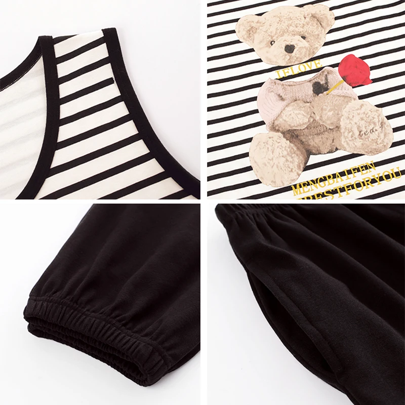 CAIYIER Plus Size XXXXL Cotton Cartoon Print Pajamas Set Summer O-Neck Sleeveless Kawaii Sleepwear Leisure Soft Underwear Set