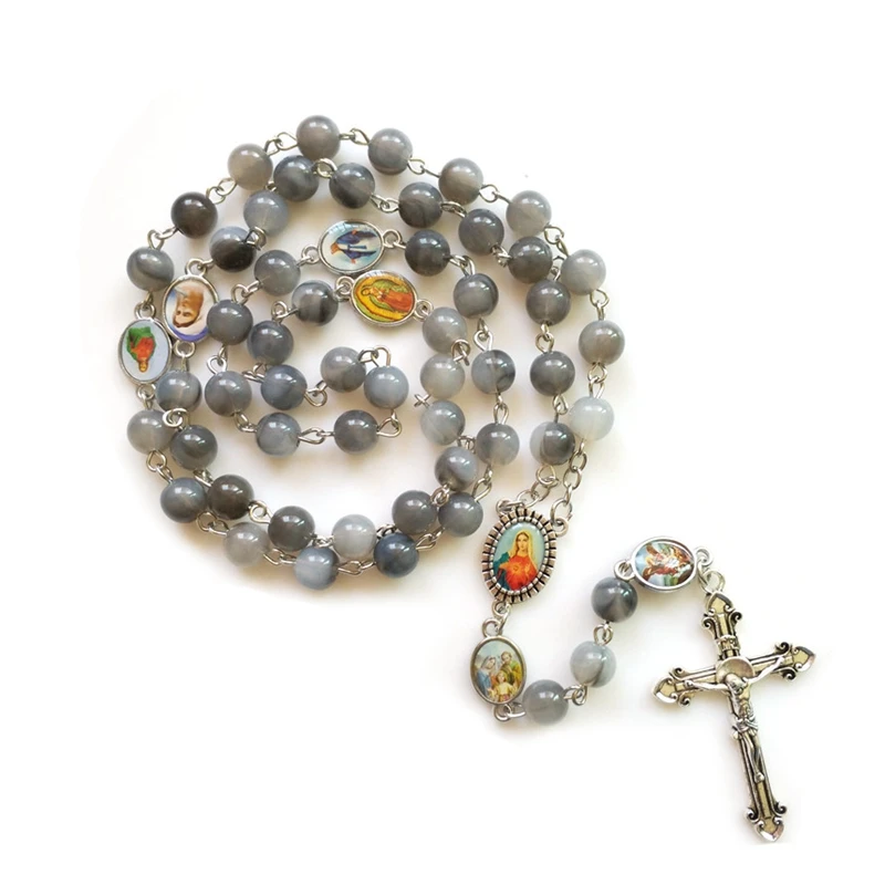 

Gray Acrylic Beads Cross Rosary Necklace Long Pendant Catholic Pray Religious Jewelry