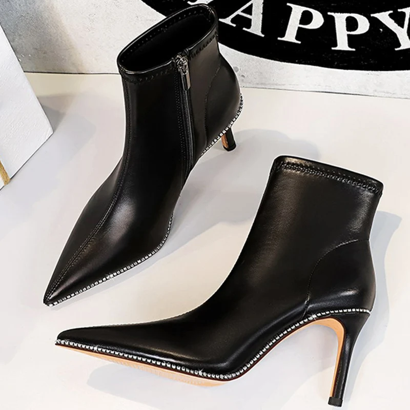 

Elegant Women Pu Leather Stiletto Ankle Boots Sexy 7.5cm High Heels Sock Boots Plus Size Short Boots Black Bling Crystal Shoes