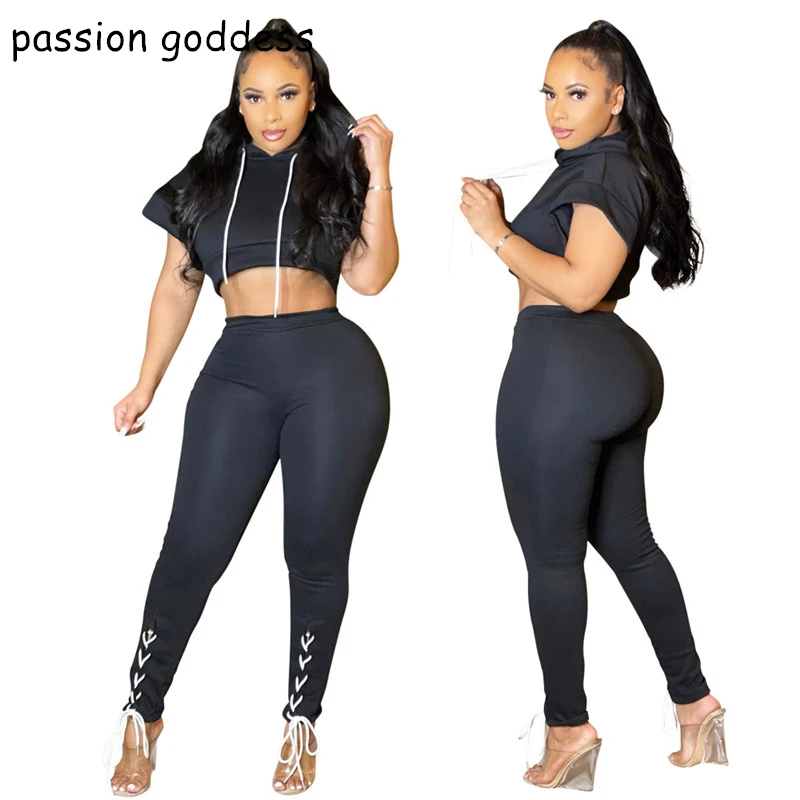 

New Fashion Street Style Women Summer Casual Hooded 2 Piece Set Batwing Sleeve Crop Top Bandage Skinny Pants Outfits Tracksuits