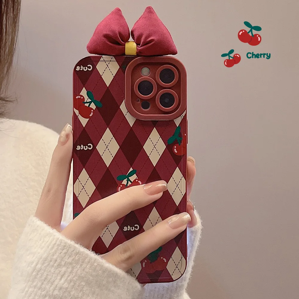 Retro Cherry diamond Plaid geometry art sweet tie bow Phone Case For iPhone 13 12 11 Pro Max Xs Max XR 7 8 Plus Case Cute Cover