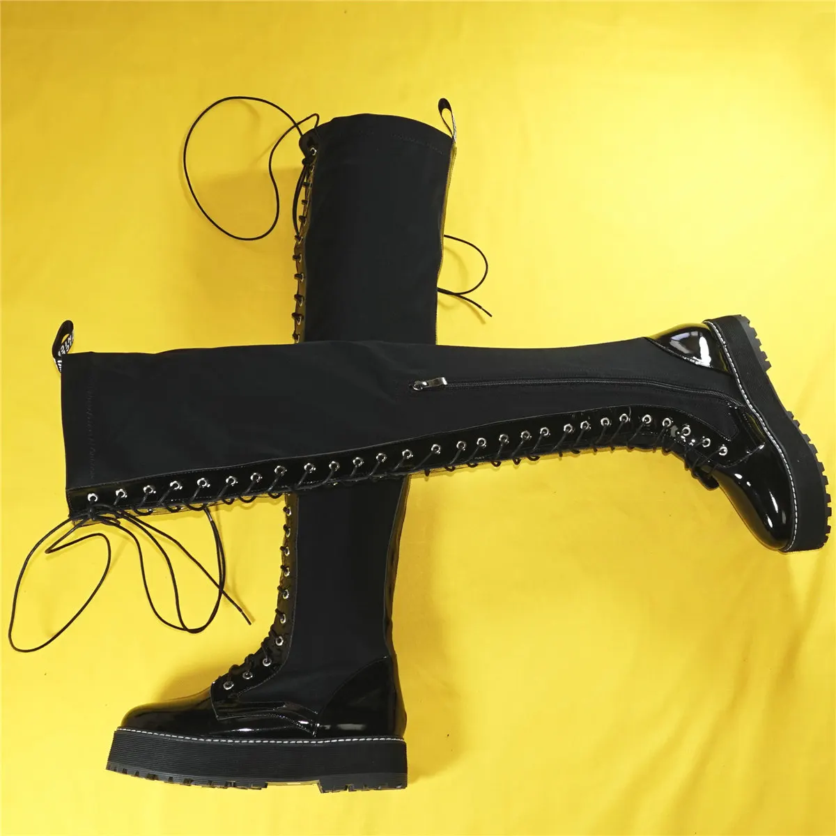 Thigh High Fashion Sneakers Women Lace Up Patent Leather Over The Knee Boots Female Stretch Fabric Platform Pumps Casual Shoes
