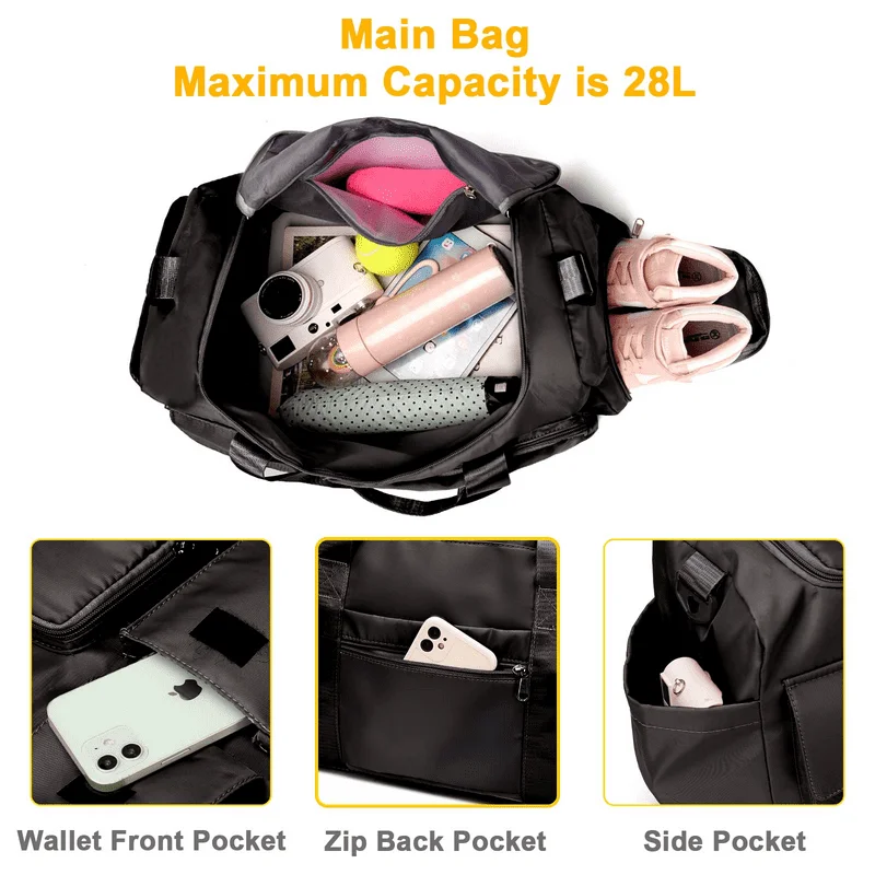 Beautiful Elegant Black Gym Sports Bag with Shoe Compartment and Wet Pocket, Ideal for Swimming and Vacations.
