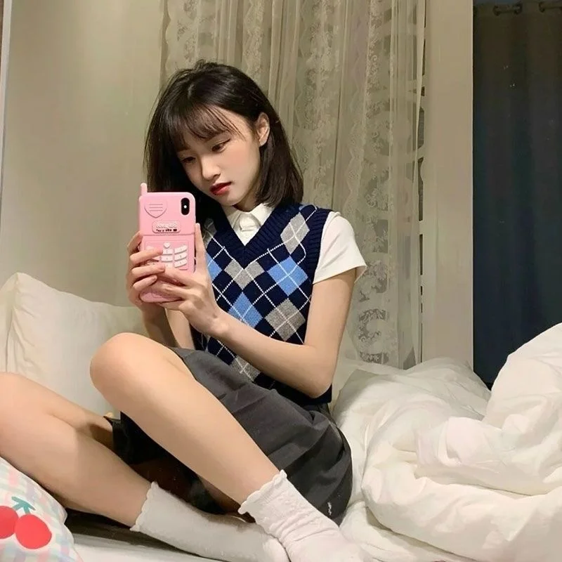 

Autumn Japan Style Knit Women's Sweater Preppy Sleeveless JK Short Ladies Vest Winter School Female Clothing