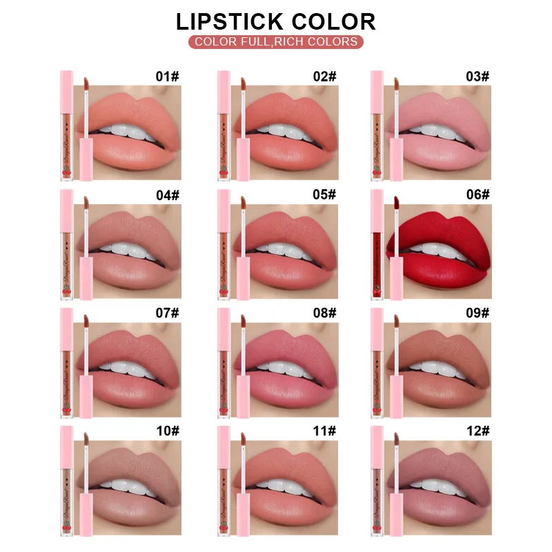 

New 12 Colors Matte Long Lasting Non-stick Cup Waterproof Lip Glaze Red Nude Lipstick Cherry Cute
