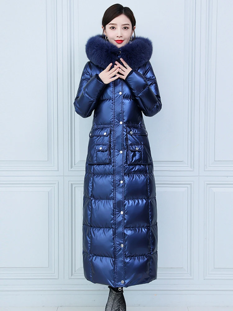 New Women Washfree Glossy Surface Down Coat Lengthened Fashion Detachable Real Fox Fur Collar Thicken Warm Slim Long Down Jacket