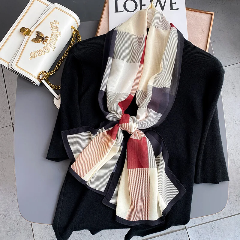 

2022 Spring and Summer New Design Luxury British Plaid Silk Scarf Skinny Hair Neck Scarves Ladies Bag Tie Ribbons Headband