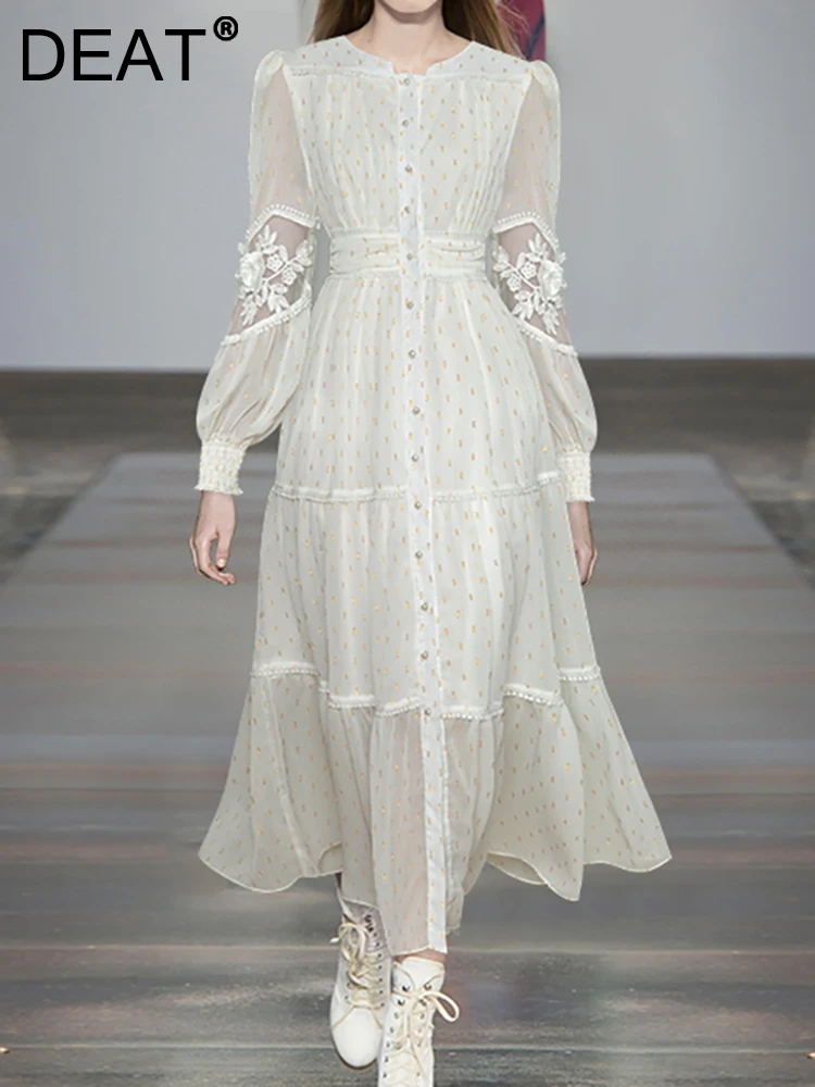 

Женское платье в стиле пэчворк DEAT, Элегантное однобортное платье с круглым вырезом и длинным рукавом, осень 2023, 13DB1813